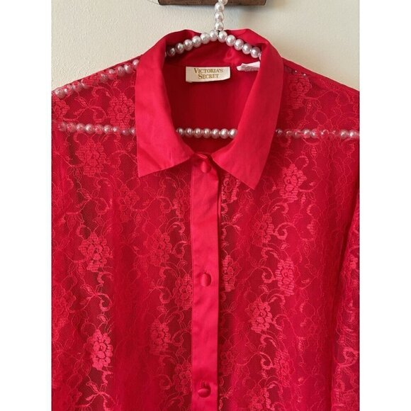 Vintage Victorias Secret Womens Size Small Red Lace Sleep Shirt Long Sleeve - Picture 2 of 5
